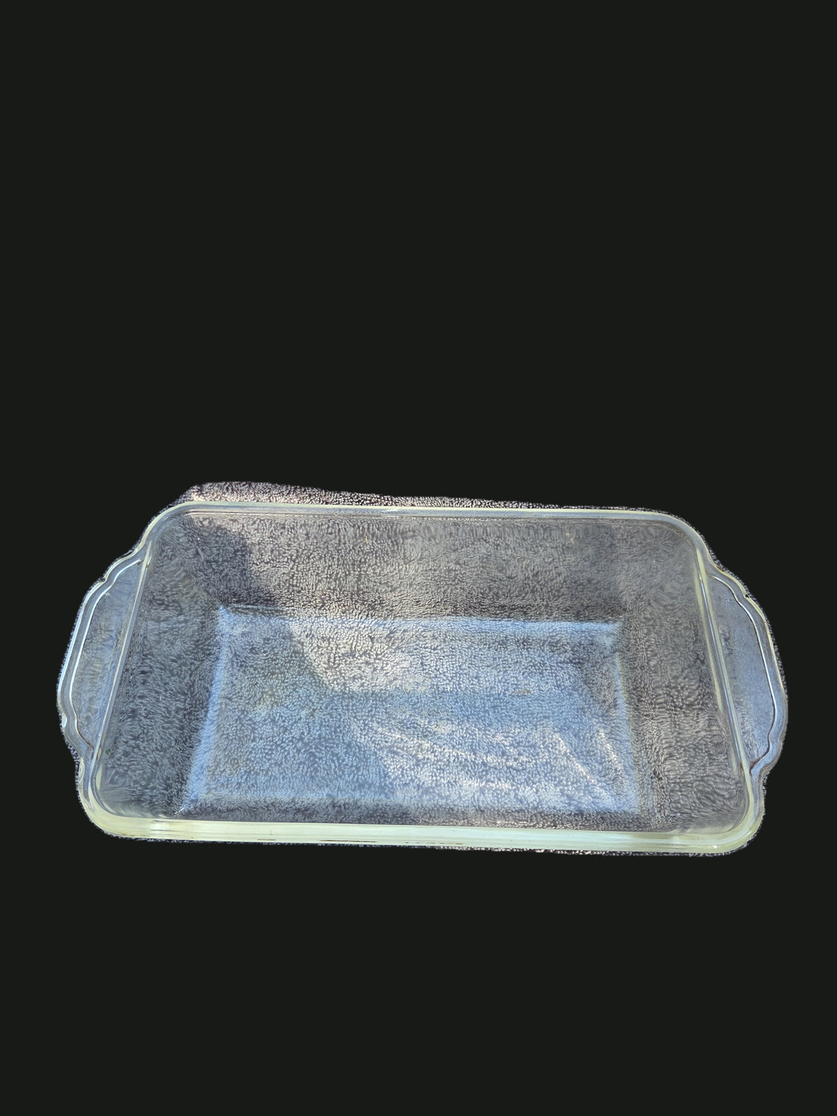 1940s Anchor Hocking Fire-King #409 Glass Loaf Pan — Top Angled View (OGR-016) | Old Grain Revival