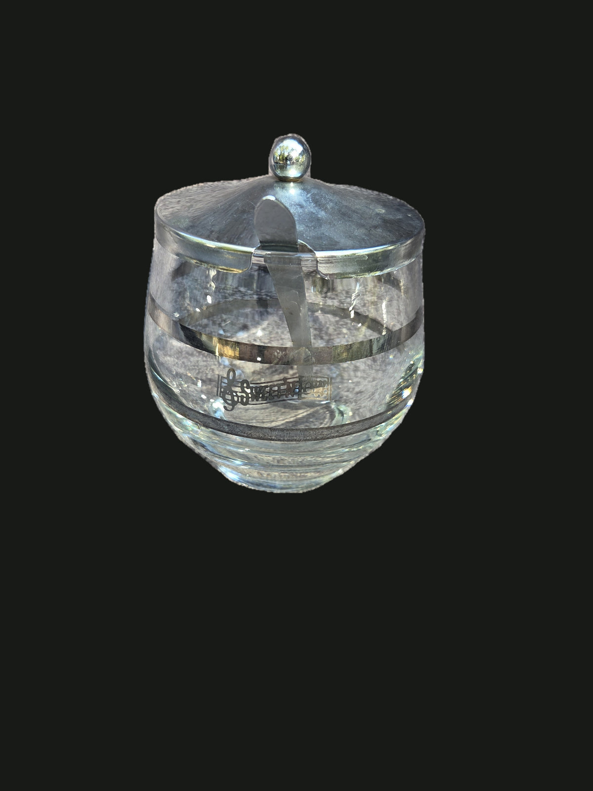 Vintage 1960s Sweet'N Low Glass Diner Sugar Bowl — Front With Lid And Spoon (OGR-017) | Old Grain Revival
