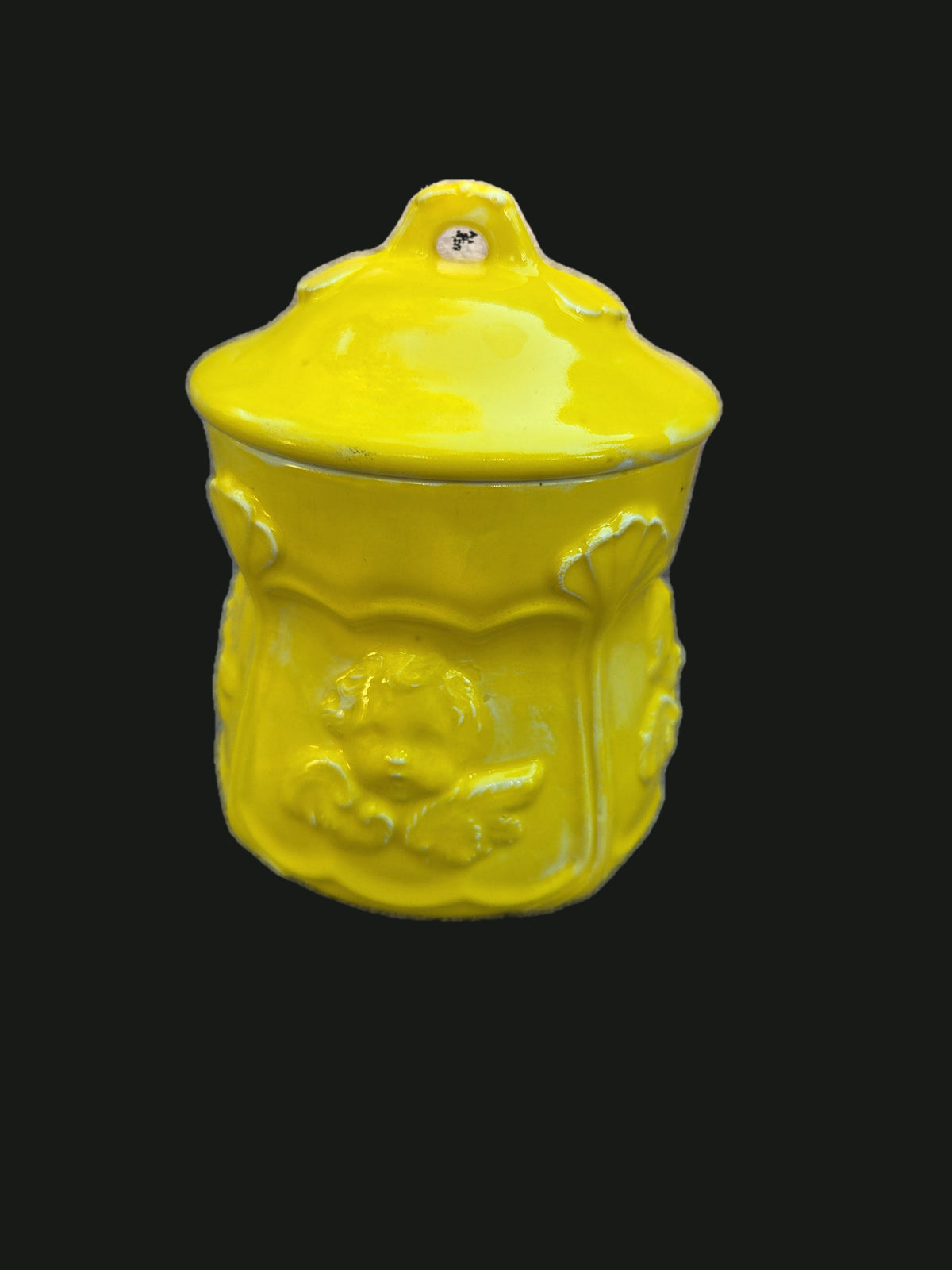 1970s Yellow Ceramic Cherub & Shell Lidded Jar — Front Cherub Lidded Jar (OGR-020) | Old Grain Revival