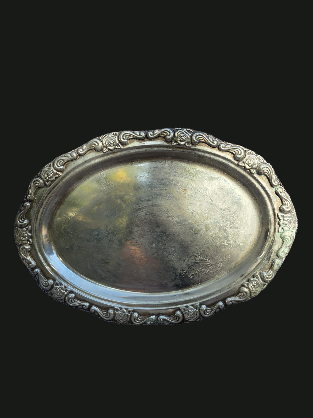 Vintage Engraved Silverplate Oval Rose Vanity Tray — Top Overhead View (OGR-022) | Old Grain Revival