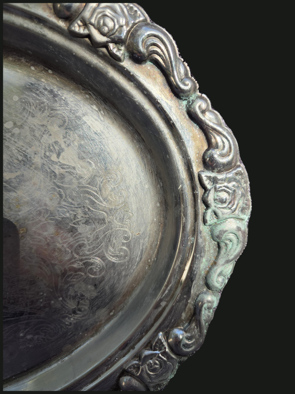 Vintage Engraved Silverplate Oval Rose Vanity Tray — Rim And Engraving Detail (OGR-022) | Old Grain Revival