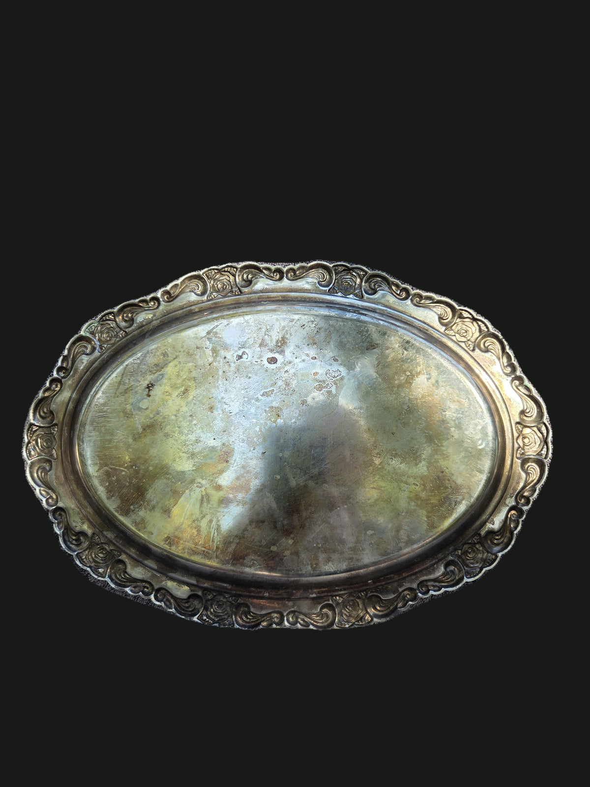 Vintage Engraved Silverplate Oval Rose Vanity Tray — Underside View (OGR-022) | Old Grain Revival