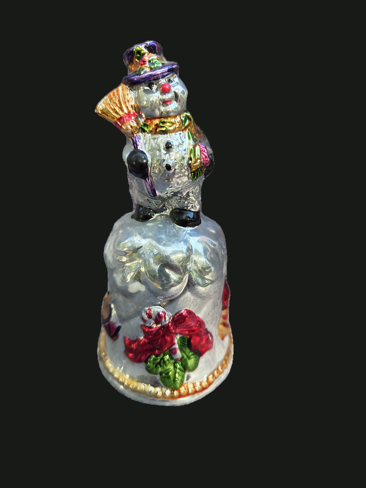 Vintage Silver Mercury Glass Christmas Snowman Bell — Front Full View (OGR-023) | Old Grain Revival
