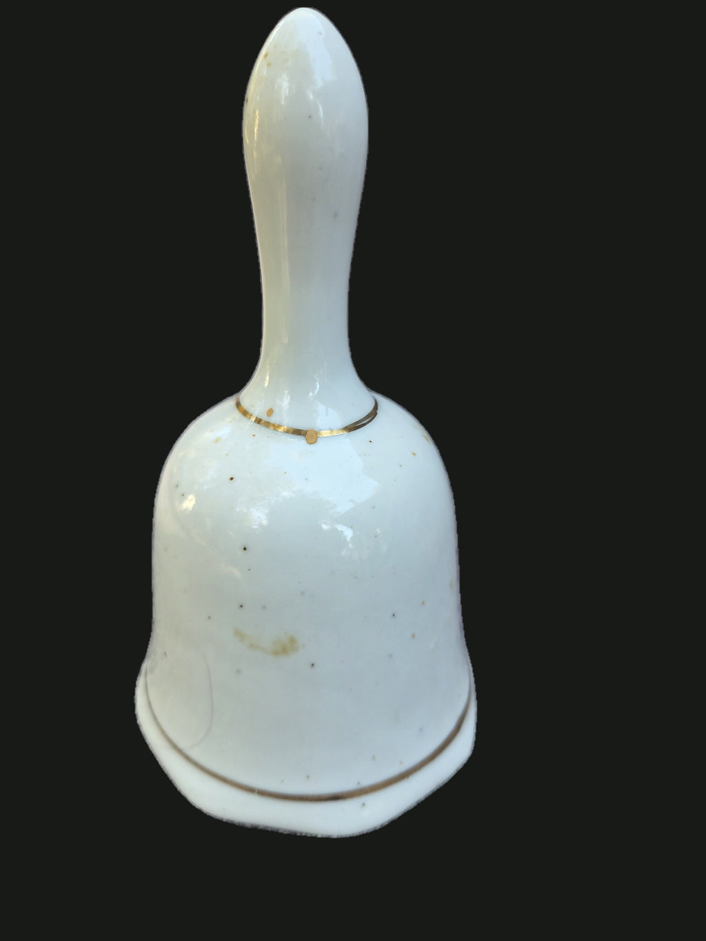 Vintage 1960s–1970s White Porcelain Pink Moss Rose & Gold Trim Collector Hand Bell — Back View (OGR-024) | Old Grain Revival