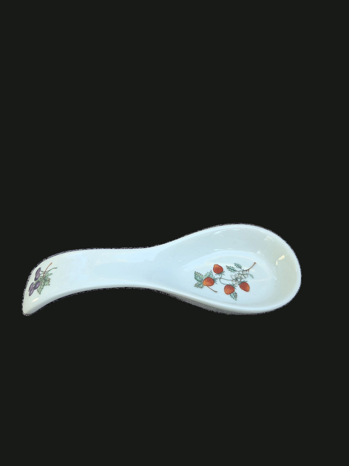 Vintage Porcelain Wild Strawberry Kitchen Spoon Rest — Top Angled View (OGR-025) | Old Grain Revival
