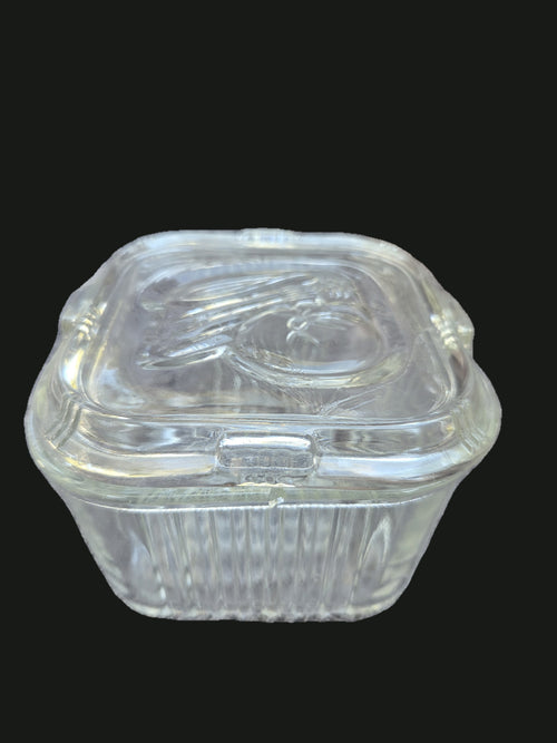 1930s Depression Glass 4x4 Ribbed Refrigerator Dish — Front Angled With Lid (OGR-027) | Old Grain Revival