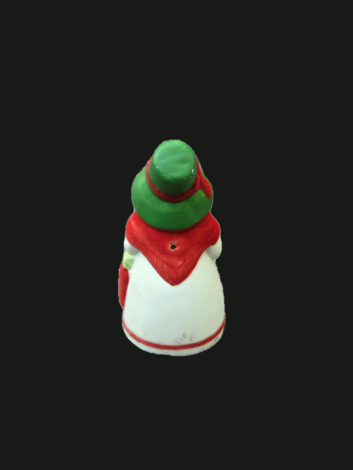 Vintage Hand-Painted Bisque Porcelain Christmas Snowman Figurine Bell w/ Flocked Red Shawl & Gift Bag — OGR-039 - OGR-039_2_Back_View_nobg.jpg