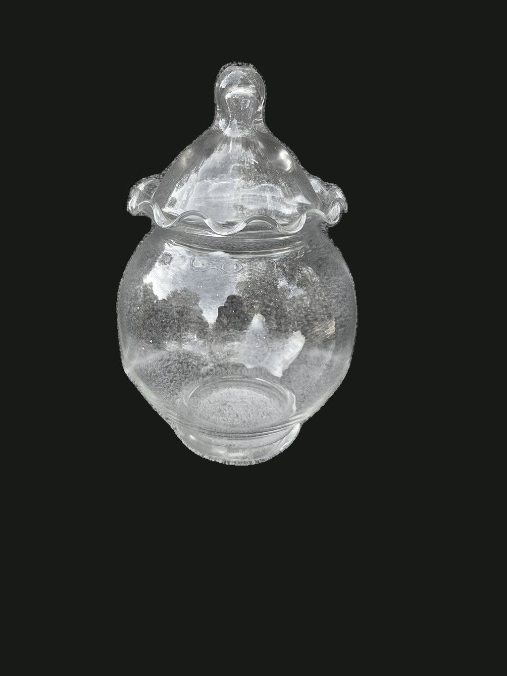 Vintage Clear Ruffled Crimped Rim Globe Glass Apothecary Candy Jar w/ Fitted Domed Finial Lid — OGR-043 - OGR-043_1_Front_Closed_View_nobg.jpg