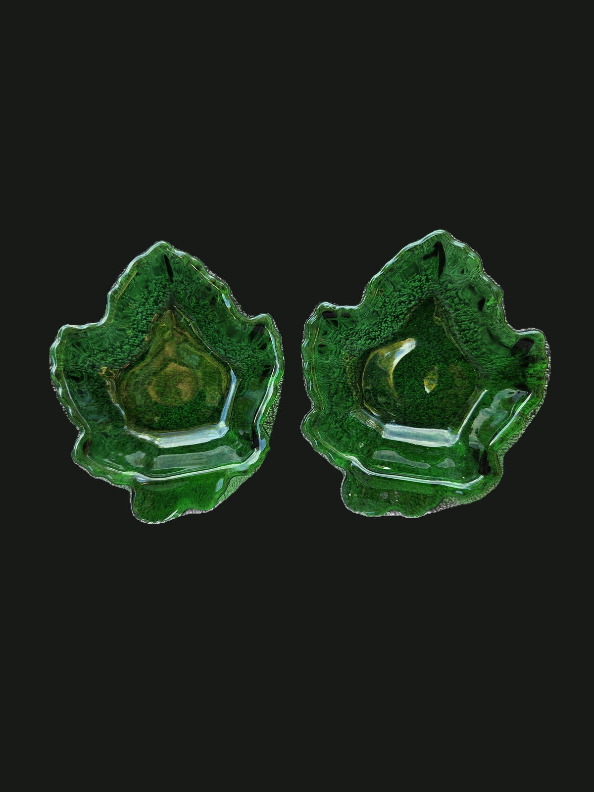 Pair of Vintage Mid-Century Emerald / Forest Green Textured Maple Leaf Pressed Glass Trinket / Relish Dishes — OGR-056 - OGR-056_1_Pair_Top_Angled_View_nobg.jpg