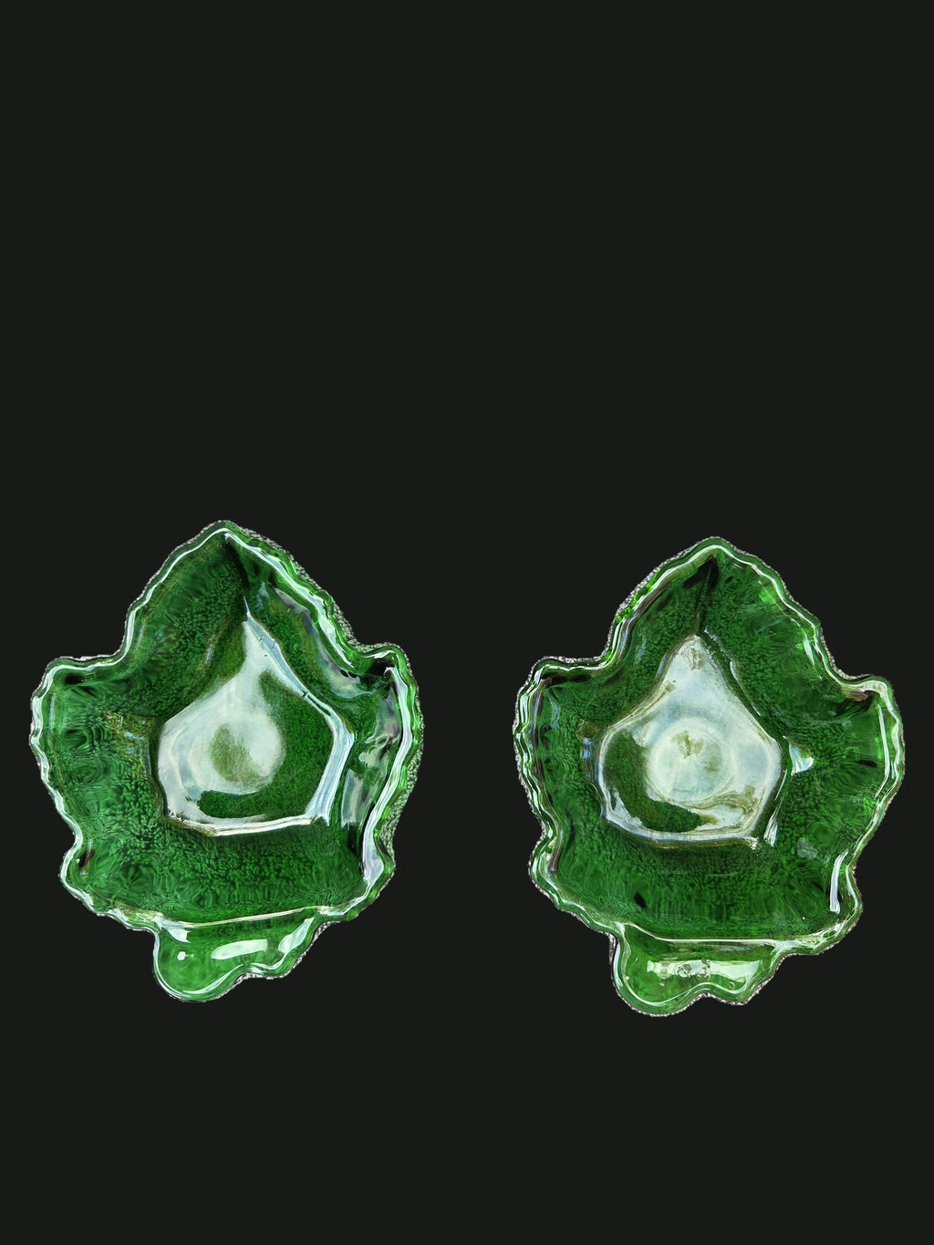 Pair of Vintage Mid-Century Emerald / Forest Green Textured Maple Leaf Pressed Glass Trinket / Relish Dishes — OGR-056 - OGR-056_2_Pair_Overhead_Texture_View_nobg.jpg