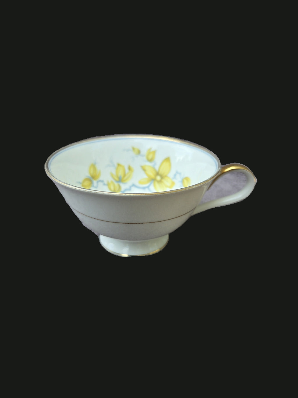 Vintage 1930s–1940s H&C Selb Bavaria Germany 'Heinrich' Footed Porcelain Teacup w/ Yellow Blossom Interior & 22K Gold Handle — OGR-057 - OGR-057_1_Right_Handle_Profile_View_nobg.jpg