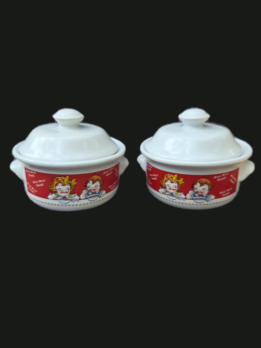 Pair of Vintage 1998 Campbell's Soup Kids 'M'm! M'm! Good!' Ceramic Lidded Soup Crocks / Mini Casserole Bowls — OGR-058 - OGR-058_1_Pair_Lids_On_Front_View_nobg.jpg