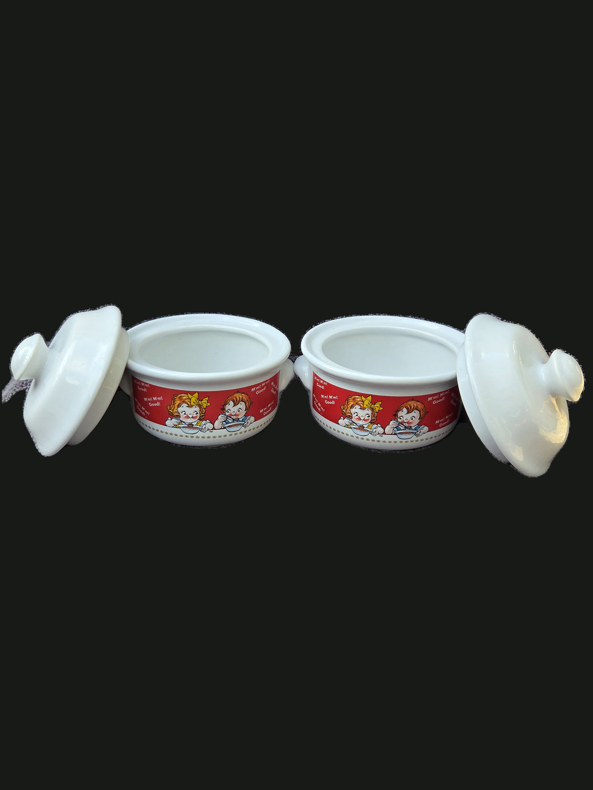 Pair of Vintage 1998 Campbell's Soup Kids 'M'm! M'm! Good!' Ceramic Lidded Soup Crocks / Mini Casserole Bowls — OGR-058 - OGR-058_2_Pair_Lids_Off_Open_View_nobg.jpg