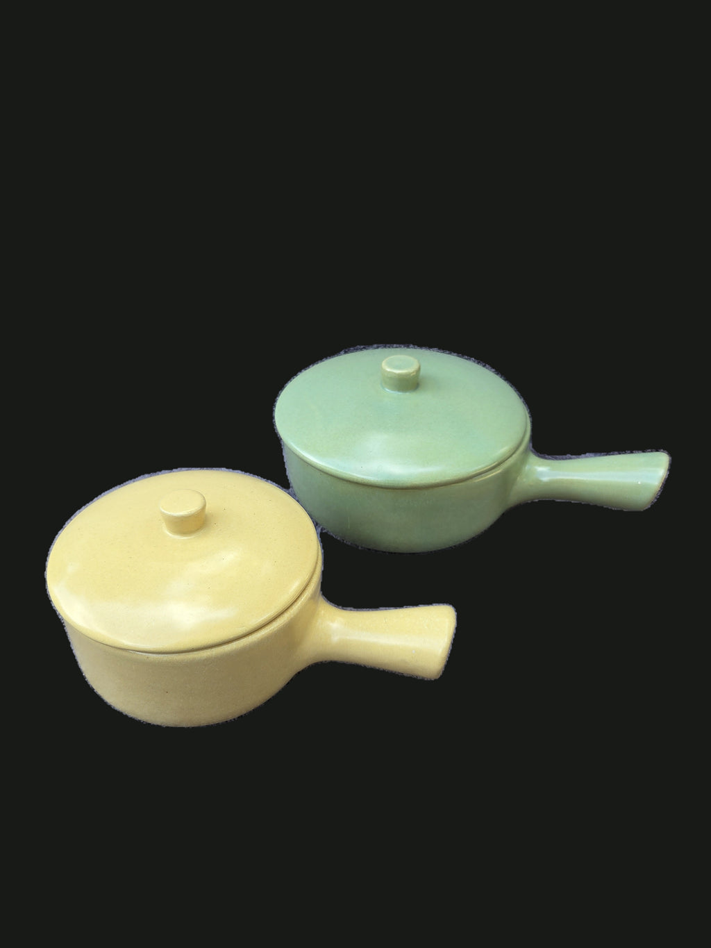 Pair of Vintage 1930s–1940s La Solana Pottery (California) Matte Glazed Ceramic Handled Lidded French Onion Soup Crocks (#1 Pastel Yellow & #2 Celadon Sage Green) — OGR-059 - OGR-059_1_Pair_Lids_On_Front_Angled_View_nobg.jpg