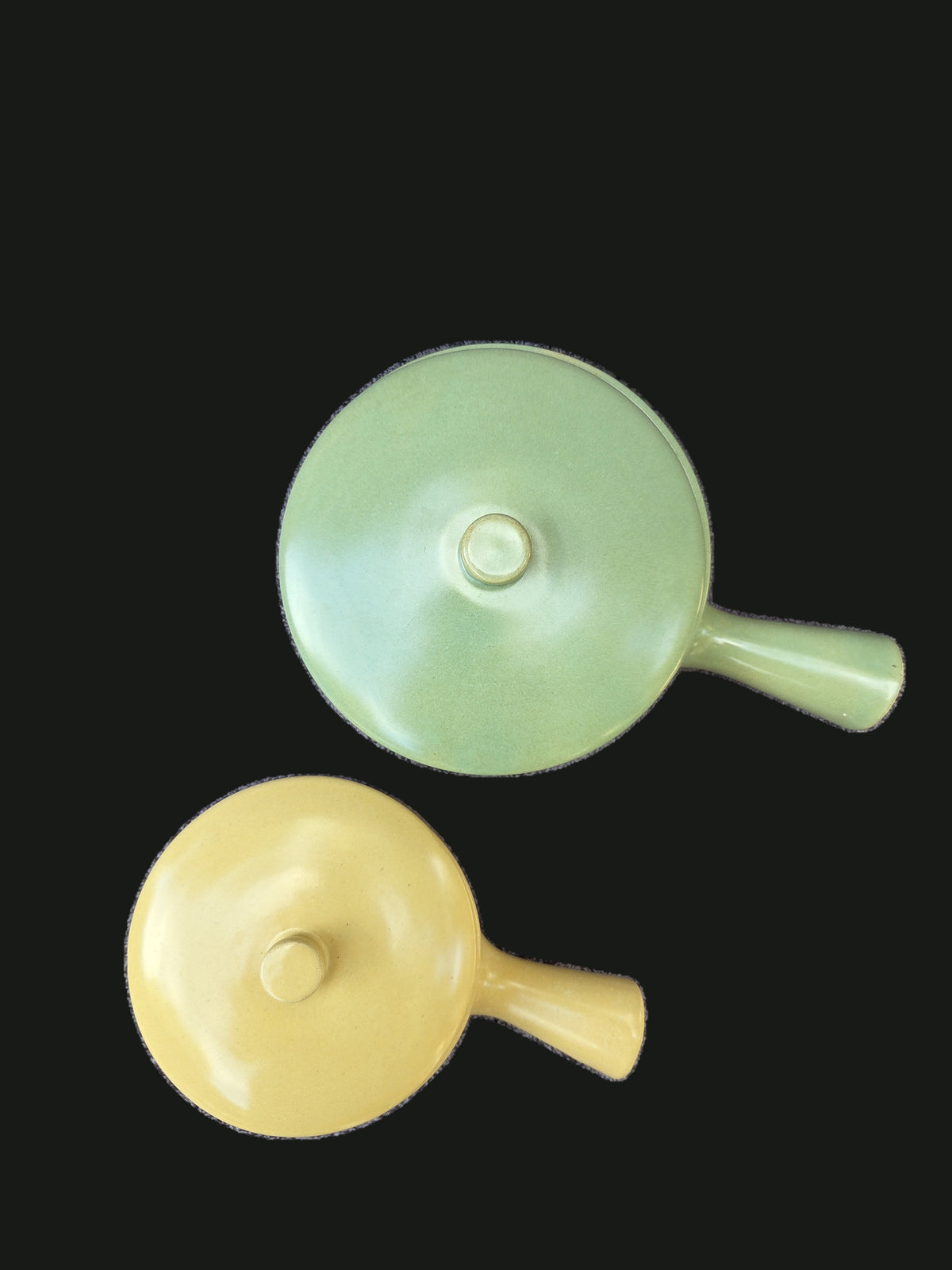 Pair of Vintage 1930s–1940s La Solana Pottery (California) Matte Glazed Ceramic Handled Lidded French Onion Soup Crocks (#1 Pastel Yellow & #2 Celadon Sage Green) — OGR-059 - OGR-059_2_Pair_Lids_On_Overhead_View_nobg.jpg