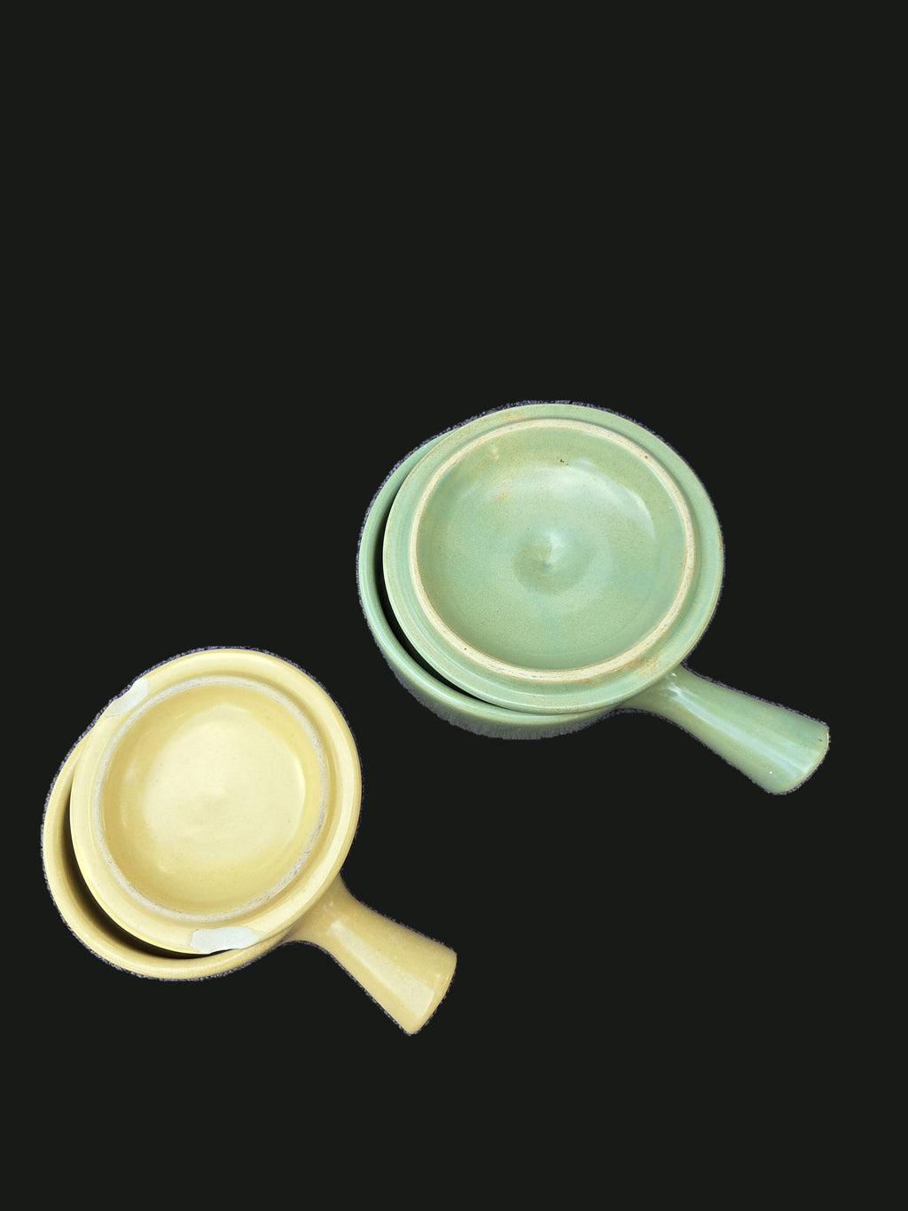 Pair of Vintage 1930s–1940s La Solana Pottery (California) Matte Glazed Ceramic Handled Lidded French Onion Soup Crocks (#1 Pastel Yellow & #2 Celadon Sage Green) — OGR-059 - OGR-059_5_Lids_Flipped_Underside_Rim_Detail_nobg.jpg