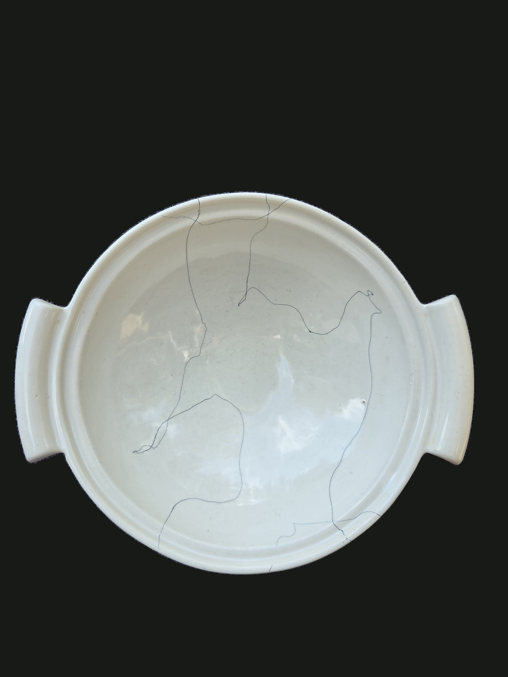 Vintage 1950s Kenwood Ceramics (Shawnee Pottery, USA) #142 Cream Glazed Four-Footed Double-Handled Bowl / Planter — OGR-060 - OGR-060_1_Top_Handled_Bowl_View_nobg.jpg