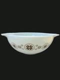 Vintage 1960s Pyrex #444 'Town and Country' 4-Quart Cinderella Spout Mixing Bowl (White Opal Milk Glass w/ Brown & Gold Hex Medallions) — OGR-061 - OGR-061_1_Front_Town_And_Country_Pattern_View_nobg.jpg